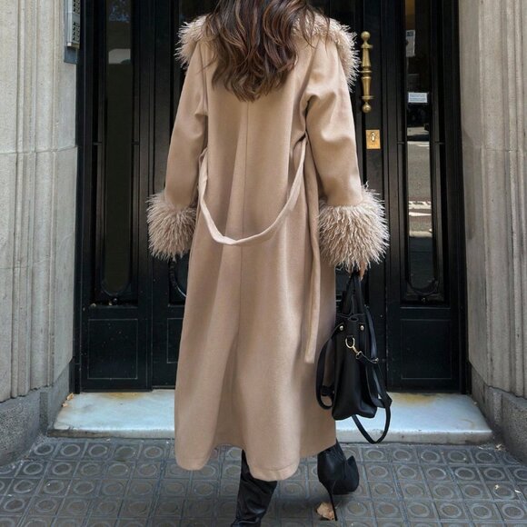 Khaki Bohemian Women's Long Coat with Faux Fur Trim - Picture 2 of 8